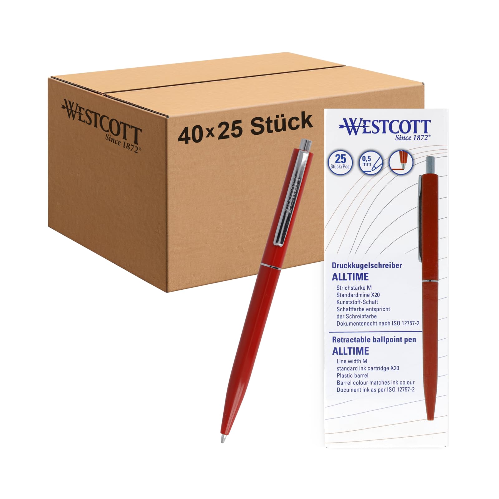 Westcott Kugelschreiber ALLTIME Rot 25 Stück (40er-Pack) | Großpackung Druckkugelschreiber mit roter Tinte | Strichstärke M, X20 | Dokumentenecht ISO 12757-2 | Stabiler Metallclip | E-737449 00