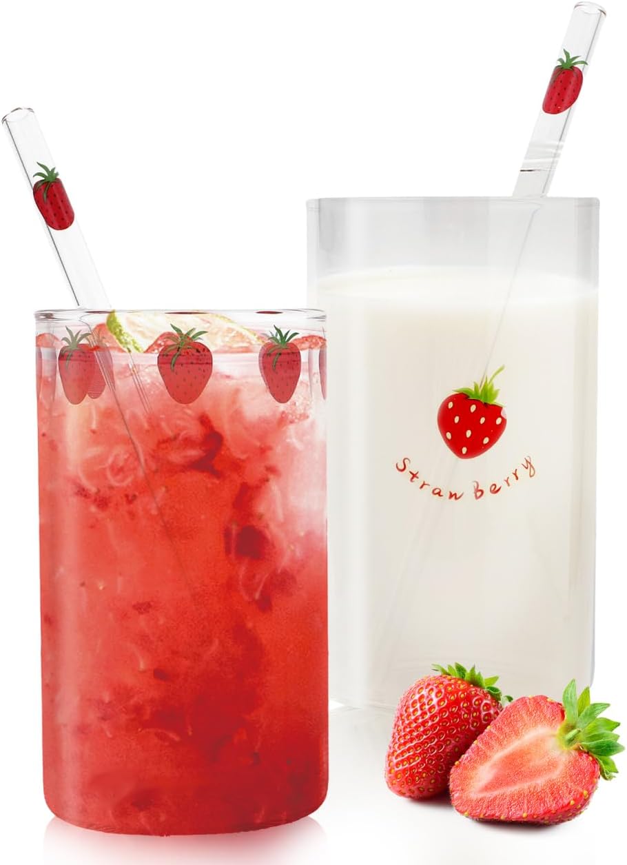 Strawberry Glass Cups 10Oz with Straw Set of 2 Cute Strawberry Pattern Tumblers for Juice Milk Tea Coffee Home Party Use