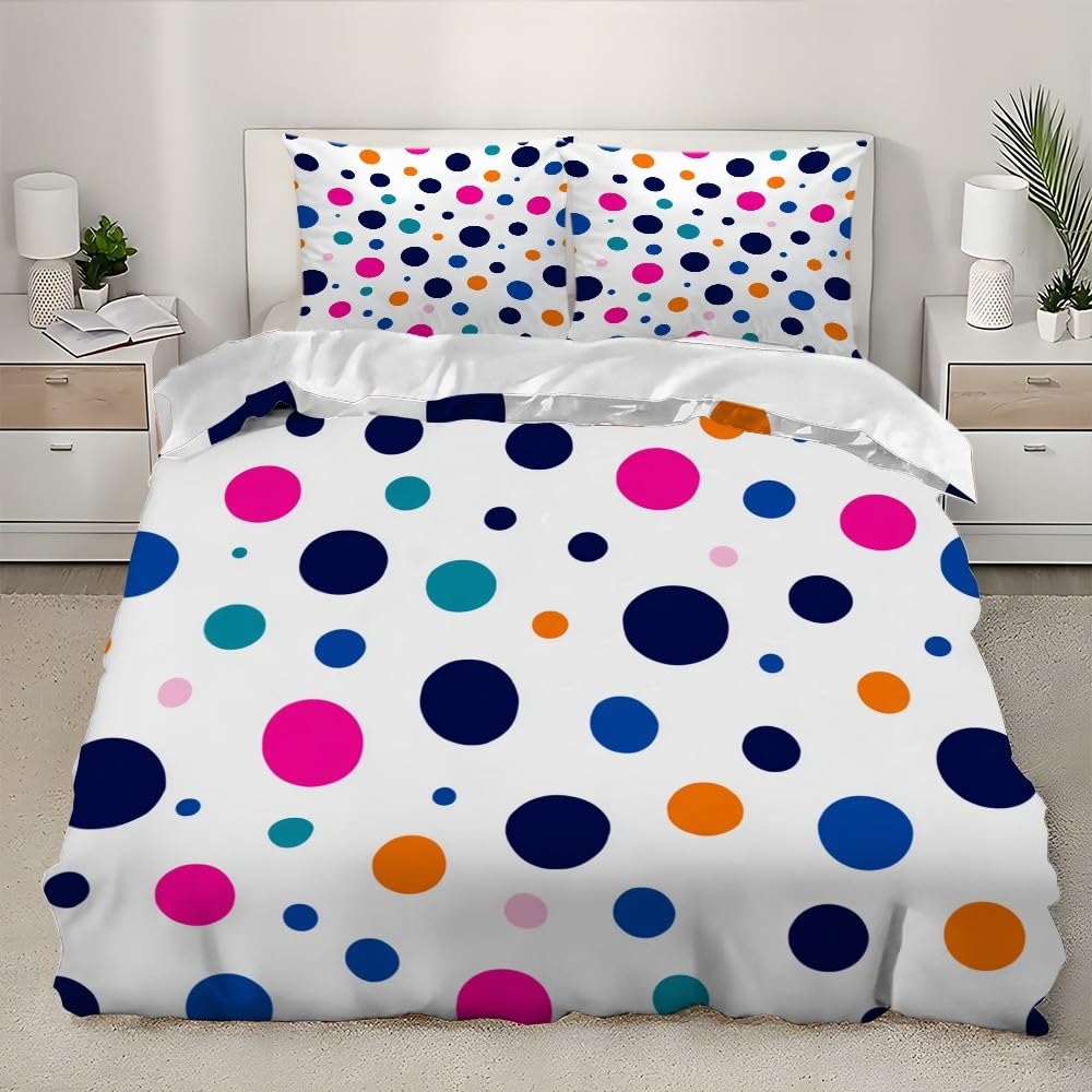 Pościel 3D 240 x 220 cm, miękka mikrofibra, proste kolorowe kropki, 3-częściowa poszwa na kołdrę z zamkiem błyskawicznym, hipoalergiczna, wysokiej jakości zestaw białych pościeli dla dzieci i