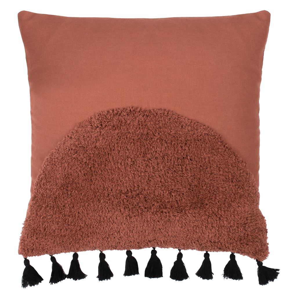 furn. Radian Semi Circle Tufted Cotton Tasselled Feather Filled Cushion - Burgundy - One Size