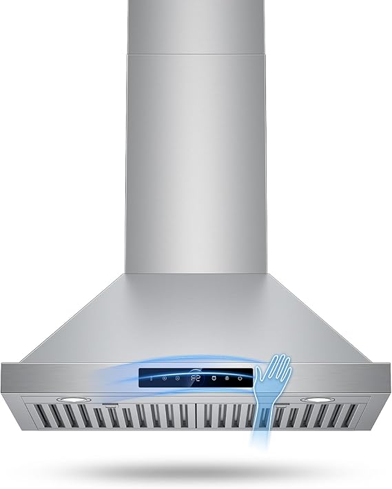 30 Inch Wall Mount Range Hood 1200CFM, 4-Speed Smart Wall Mount Range Hood with Touch Sensor & Remote, Dual LED Lights, Baffle Filters Ducted/Ductless Convertible Pro Series