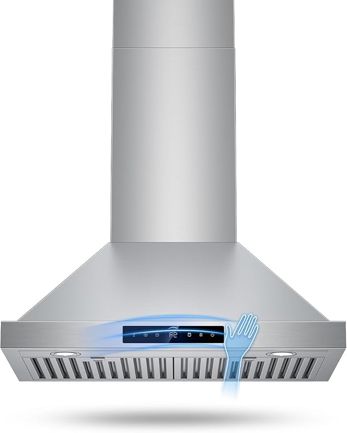 30 Inch Wall Mount Range Hood 1200CFM, 4-Speed Smart Wall Mount Range Hood with Touch Sensor & Remote, Dual LED Lights, Baffle Filters Ducted/Ductless Convertible Pro Series
