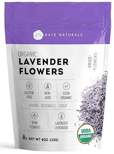 Flores secas de lavanda para hacer té y jabón 4 onzas - Kate Naturals Flores secas orgánicas del USDA de planta de lavanda para té de lavanda y