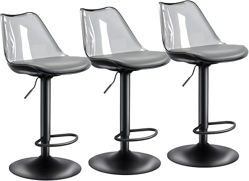 Miniatura 9 de Juego de 2 taburetes de bar giratorios modernos, tapizados de piel sintética con respaldo de acrílico transparente, taburetes de bar ajustables para