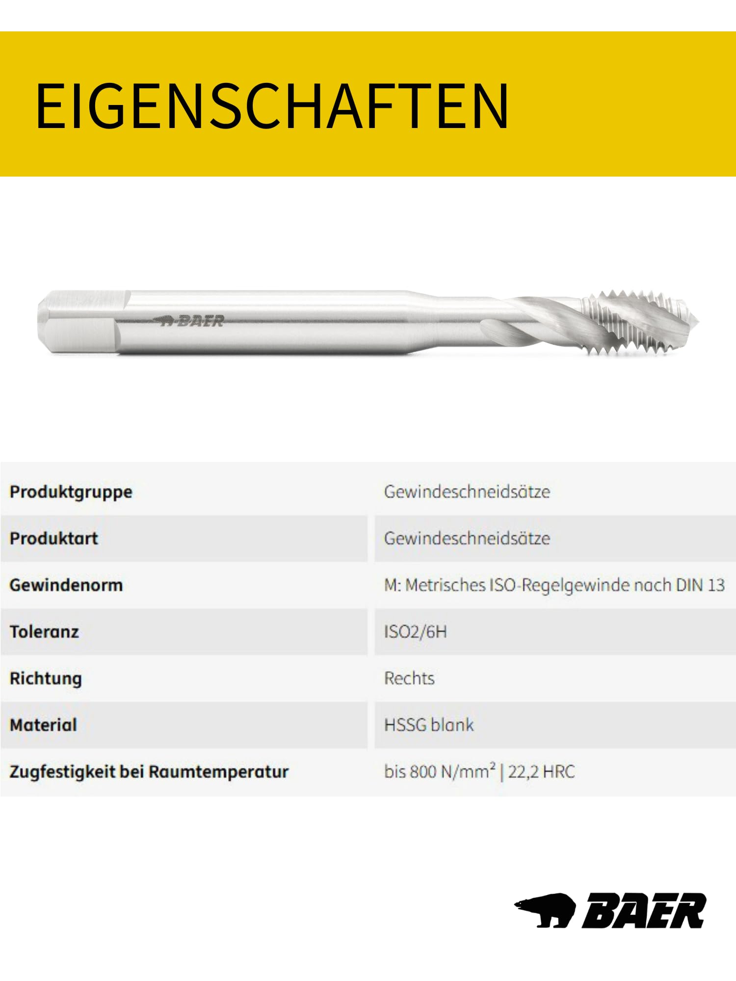 BAER Set maschiatrici HSSG filettatura a macchina M 3-12 metrica taglio filettato