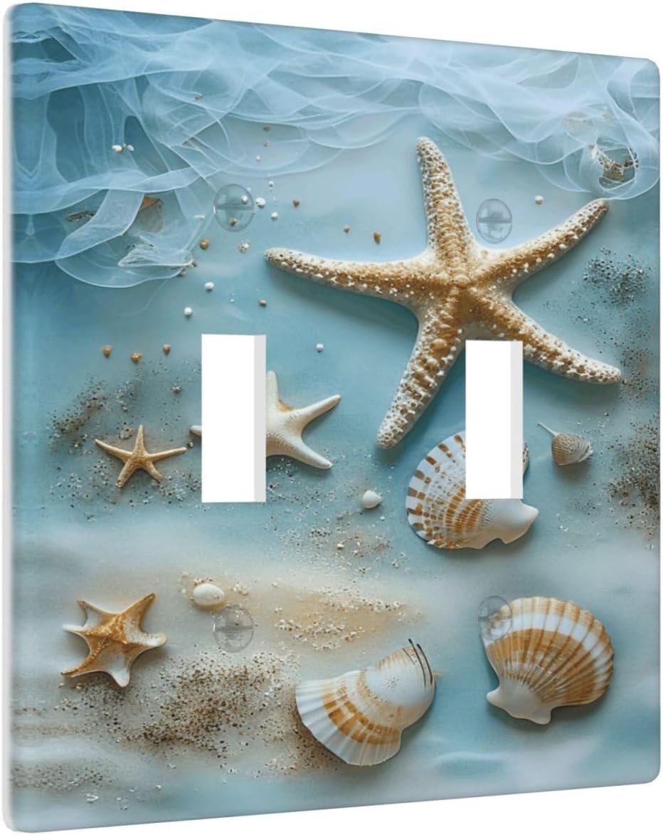 Decorative Art Light Switch Covers Shells and Starfish 2 Gang Double Toggle Wall Plate Decorative Switchcover Electrical Switchplate for Home Decor