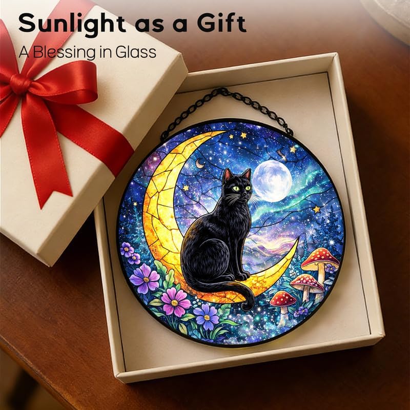Stained Glass Window Hanging Suncatcher 11.8 in Black Cat on Crescent Moon Colorful Glass Panel Sun Catcher for Window， Window Hanging Decor for Home， Housewarming Gift161