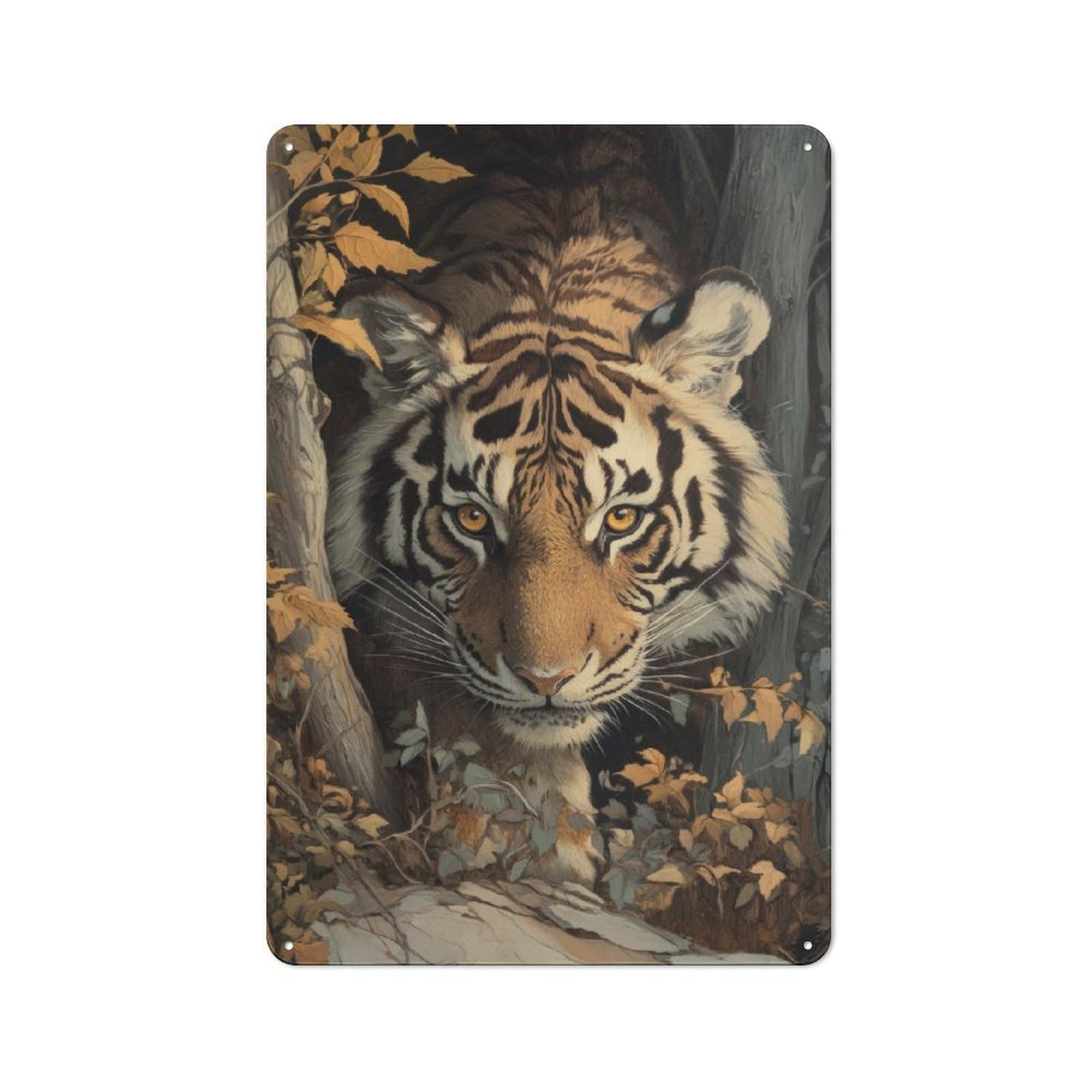 Junmoney Tiger In The Woods Industrial-Style Tin Sign 30X20cm For Café Or Home Bar, For Cooler-Month Interiors With Industrial Character