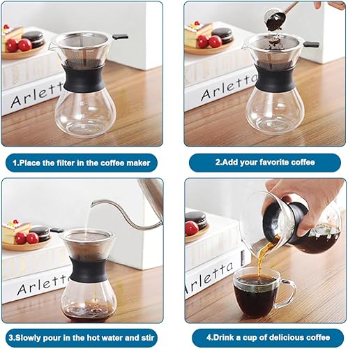 Miniatura 6 de ZXJQLOS Cafetera para verter sobre cafetera, cafetera de goteo portátil con filtro cónico reutilizable de acero inoxidable, jarra de vidrio con