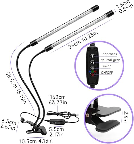 Miniatura 2 de inShareplus Luz UV LED de doble cabezal con USB, 395 nm-405 nm, luz UV regulable con clip, brilla en la oscuridad, lámpara negra de 20 W para