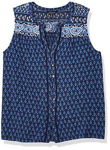 Lucky Brand Women's Sleeveless V Neck Button Up Border Print Top, Navy Multi, L