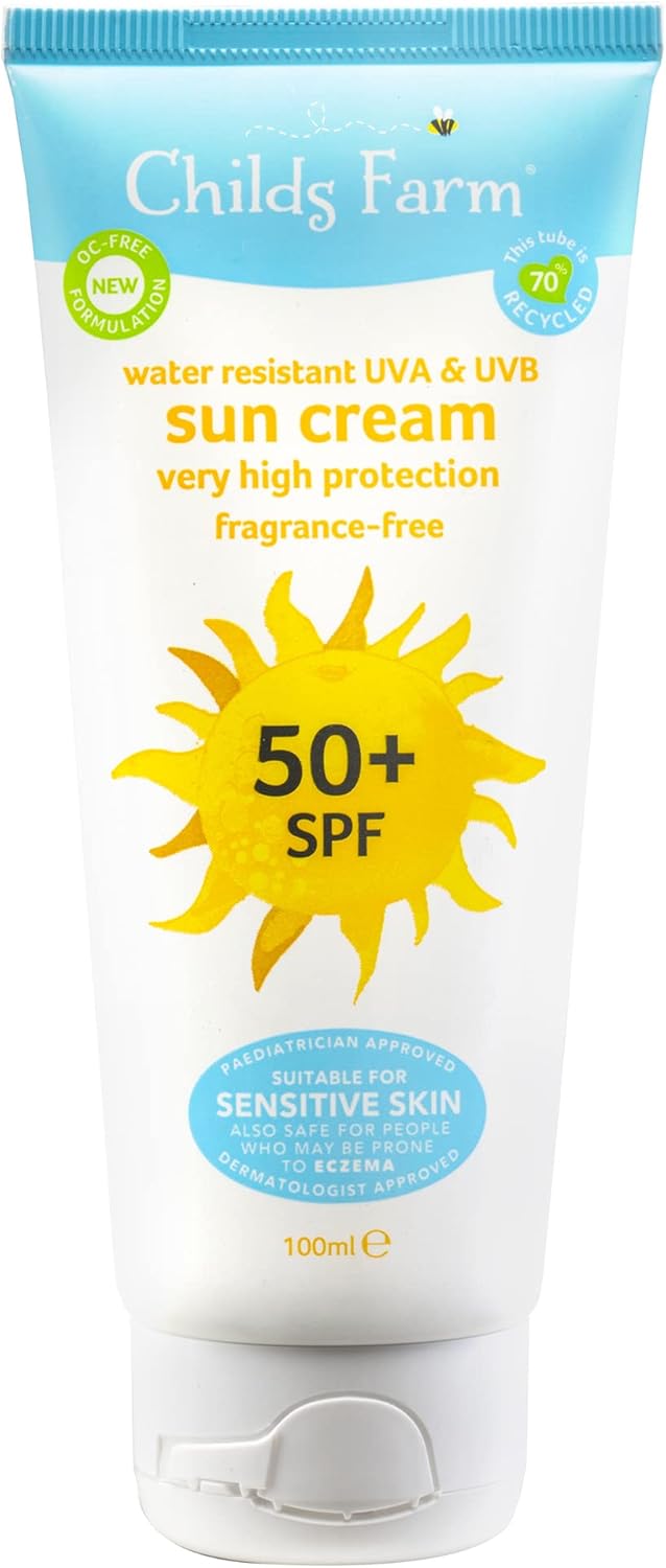 Childs Farm Zonnebrandcrème voor kinderen en baby’s, SPF 50 plus waterbestendig UVA en UVB, zeer hoge bescherming, geschikt voor droge, gevoelige en eczeemgevoelige huid, 100 ml