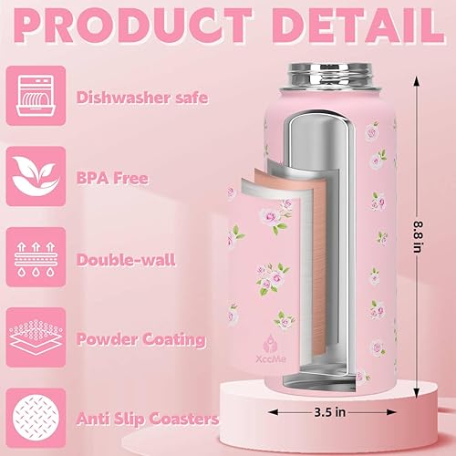 Miniatura 3 de Botella de agua aislada de 32 onzas con tapa, botella de agua de acero inoxidable rosa con popote abatible y asa, regalos para mujeres, niñas,