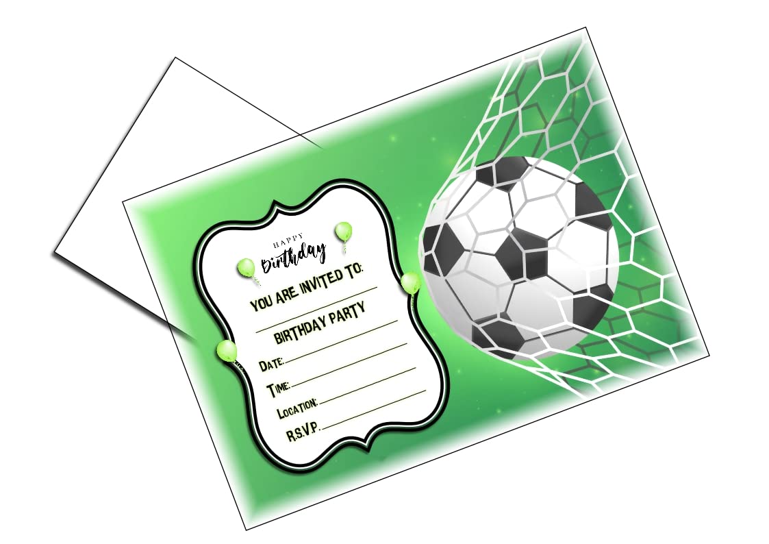 Football Themed Children's Birthday Party Invites - Landscape Football Net Birthday Design - Party Supplies/Accessories (Pack of 12 A5 Invitations) (WITH Envelopes)