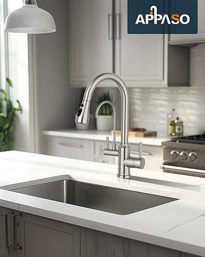 Vista 47 de APPASO Grifo de cocina cuadrado con filtro, grifos de fregadero de 3 vías negro mate con rociador extraíble, 2 modos, arco alto, moderno, 2 asas