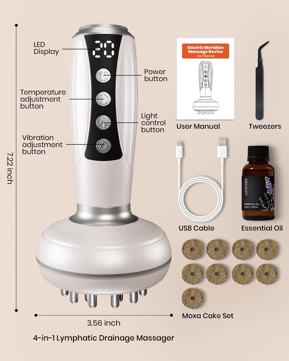 4-in-1 Lymphatic Drainage Massager & Anti Cellulite Massage Tool, Body Sculpting Massager for Legs, Arms & Belly, Reduce Cellulite, Stretch Marks with Heat, Light & Vibration, Pearl White