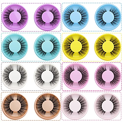 JIMIRE False Eyelashes Natural Fluffy Wispy Lashes 16 Packs 8 Variety Styles Soft Volume Faux Mink Lashes Bulk with Portable Colorful Eyelash Tray