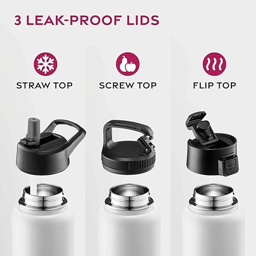 Miniatura 4 de Botellas de agua de acero inoxidable con triple aislamiento con pajilla, botellas de agua reutilizables aisladas de 25 onzas con 3 tapas, botella de