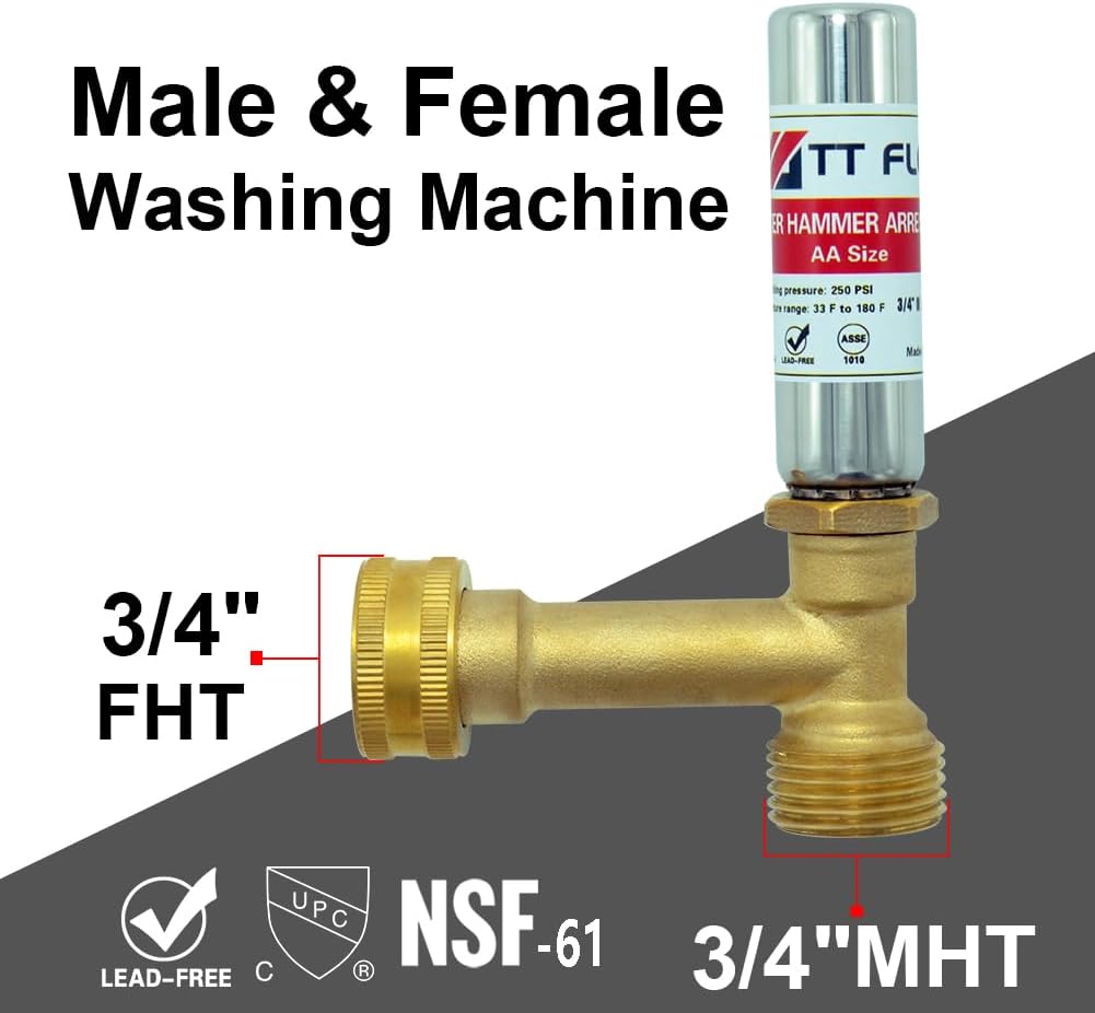 TT FLEX Stainless Steel Water Hammer Arrestor 3/4 Inch Swivel FHT x 3/4 Inch MHT For Washing Machine and garden hose water pipe