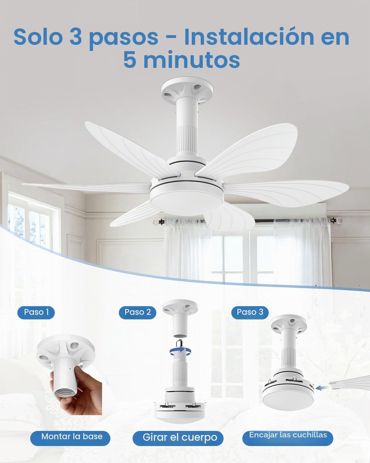 Hisummer 71cm Ventilador de Techo con Luz y Mando, Conexión E27 Solo con Base Incluida, Instalación Rápida, Pequeño Ventilador Techo Silencioso para Dormitorio, Salón y Cocina, Reversible Motor DC