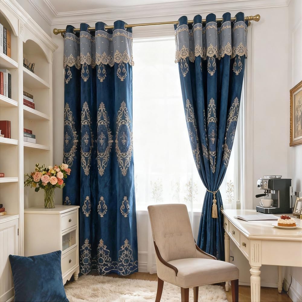 Amidoudou 2 Panels European Luxury Double Layer Embroidered Curtains with Valance, Floral Design for Living Room & Bedroom, Blue, 52x96 Inch