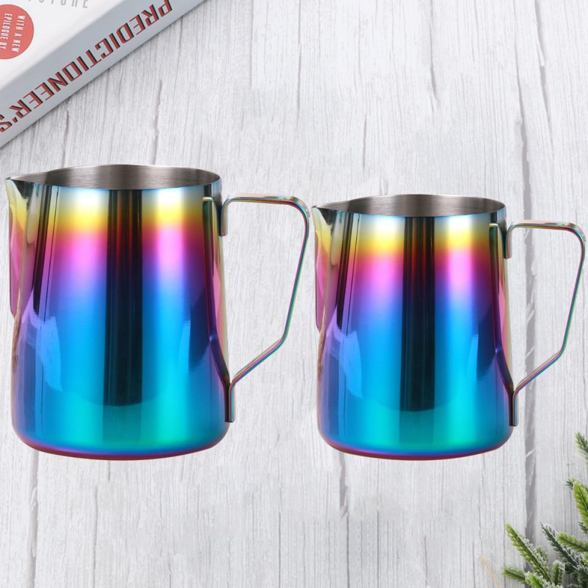 Taza para Espumar Leche de Acero Inoxidable 2 Piezas 350ml y 600ml | Jarra de Leche de Acero Inoxidable para Café, Boquilla Colorida, para Medir, Uso en Restaurantes y Fiestas