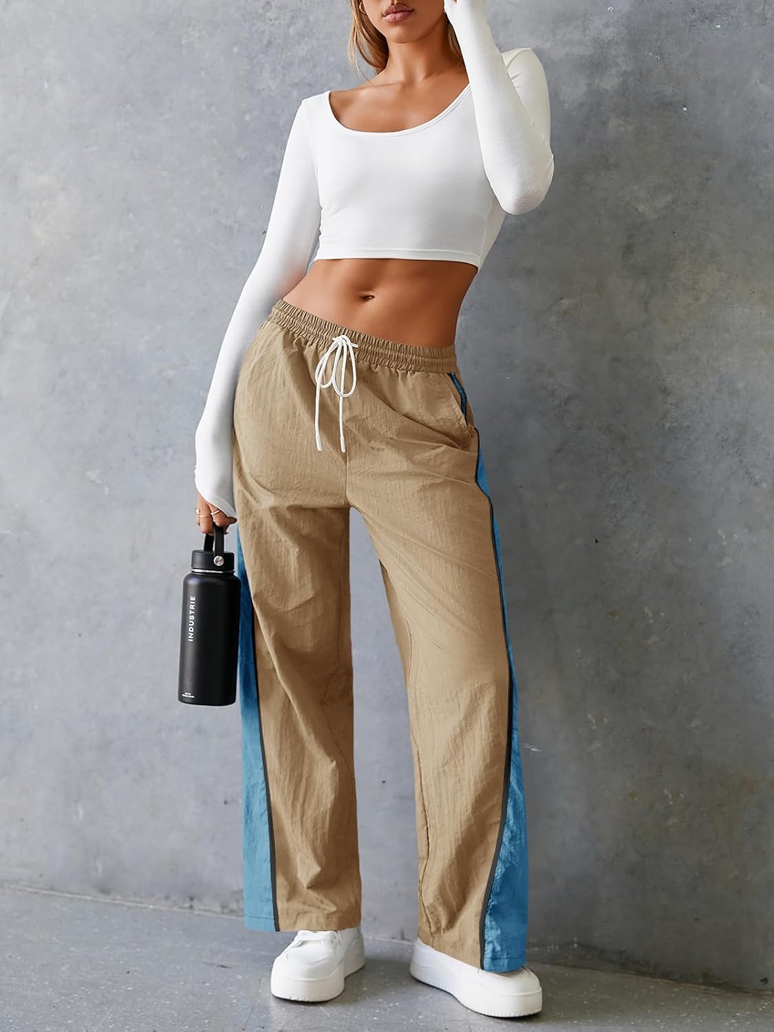 Fisoew Women's Baggy Wide Leg Track Pants Casual Drawstring Elastic Waisted Color Block Workout Y2K Active Pants