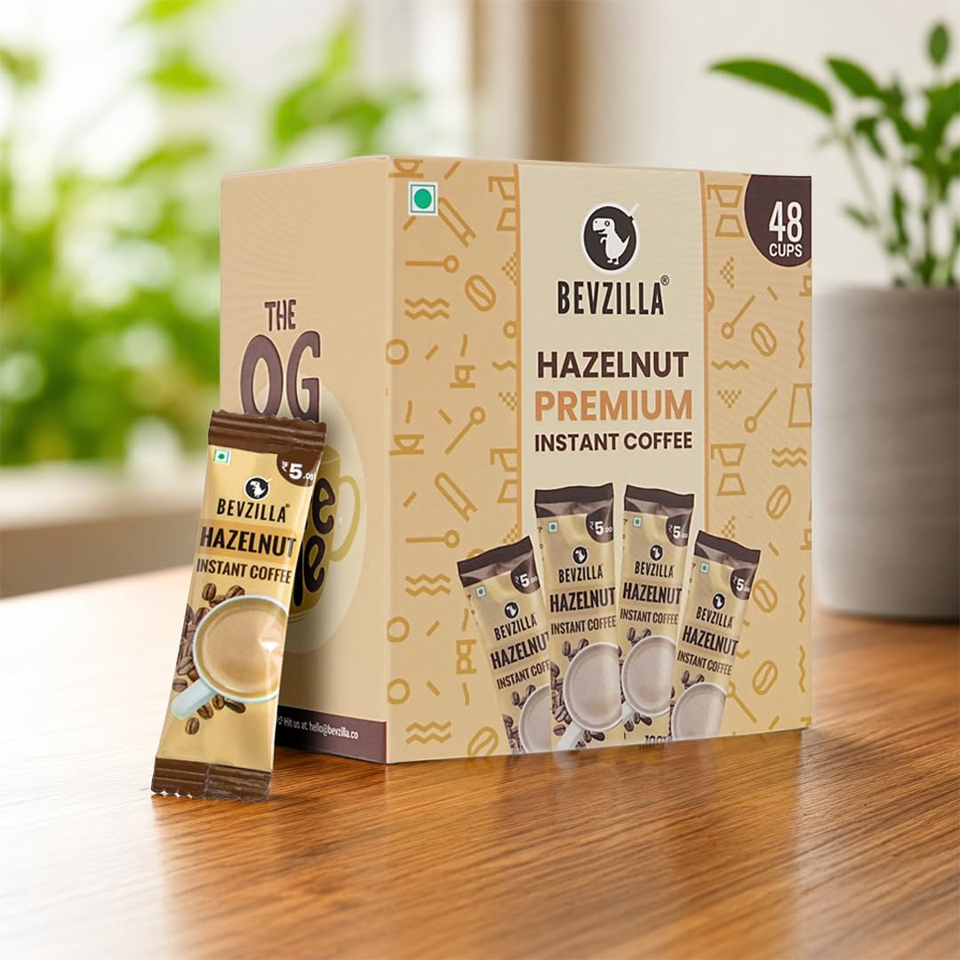 Bevzilla Bustine di caffè istantaneo in polvere di alta qualità, 48 sacchetti (2 g ciascuna), aromatizzato alla nocciola, caffè caldo e freddo, per 48 tazze, caffè arabica, ideale per espresso, latte
