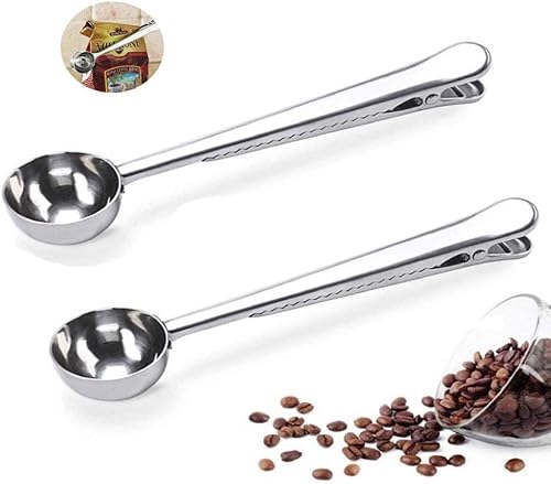 Paquete de 2 cucharas de café, cucharas medidoras de acero inoxidable, con clip para bolsa de café, adecuadas para café molido, granos de espresso,