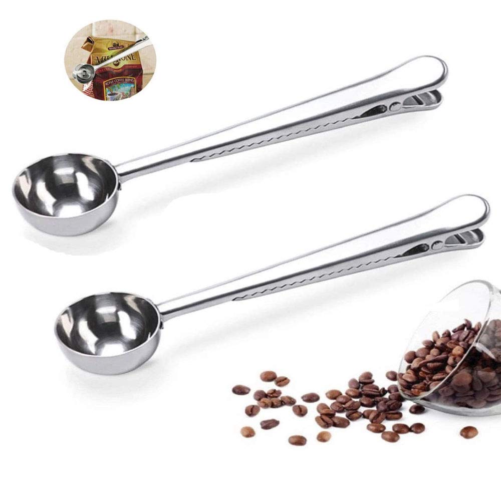 2 Pack of Coffee Scoops, stainless steel measuring scoop, with coffee bag clip, suitable for ground coffee, espresso beans, milk powder, protein powder