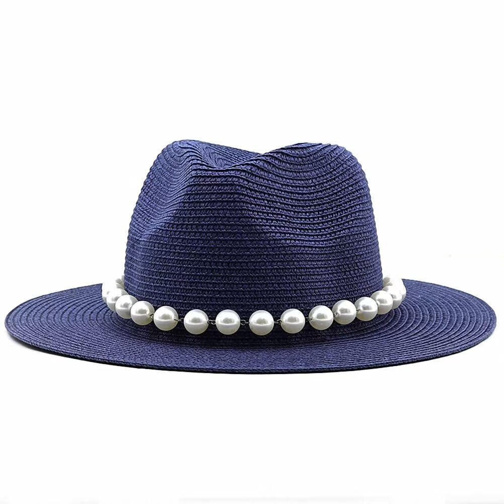 Plancholo Women's Blue Fedora Panama Hat With Faux Pearl For Wide Brim Straw Hat Beach Cap