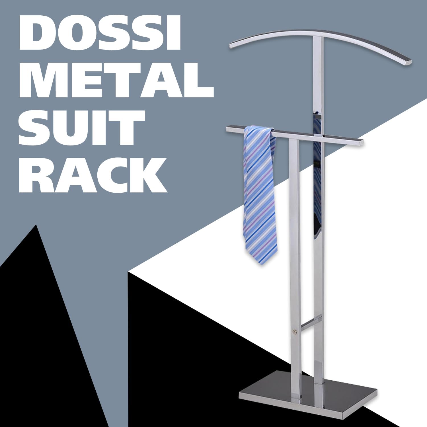 Kings Brand Furniture Dossi Modern Metal Suit Valet Stand, Clothes Rack Organizer with Jacket, Pants & Tie Holder, Space-Saving Garment Rack for Bedroom or Closet (Chrome)