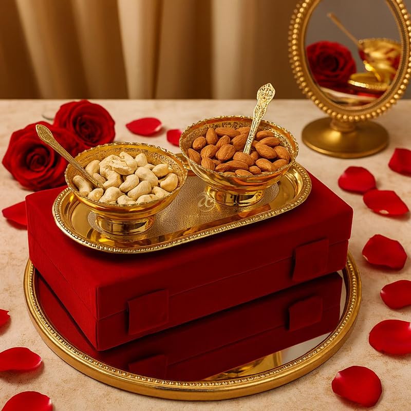 German Silver Gold & Silver Plated Multipurpose Bowl Set With 1 Tray, 2 Bowls, 2 Spoons With Red Velvet Box | Dry Fruit & Sweet Serveware | Anniversary, Birthday, Wedding, Diwali Gift