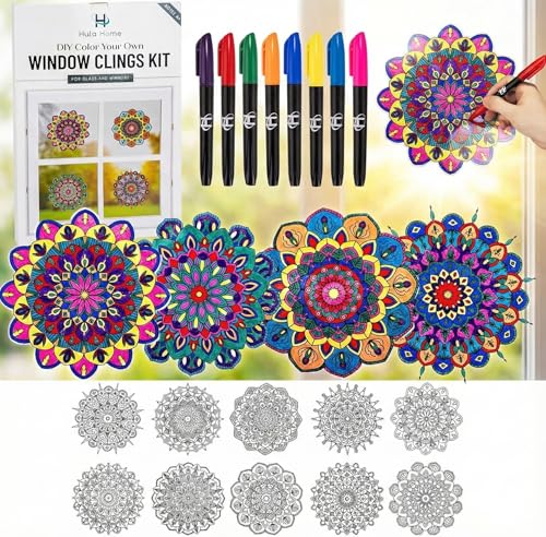 Hula Home Stained Glass Mandala Art Kit - DIY Window Clings with Markers, 10 Suncatchers - Perfect...