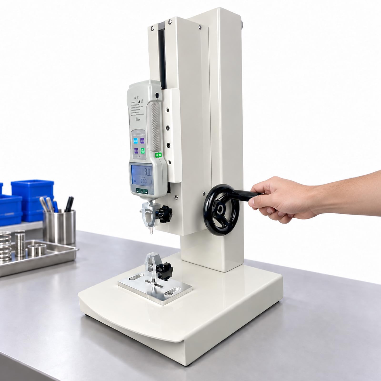 TYH Macchina per Prove di Trazione, Tester di Forza di Trazione con capacità da 10 A 500 N, Macchina Digitale per Prove di Trazione, Display LCD, Corsa di 300 Mm, Include 2 Morsetti di Prova