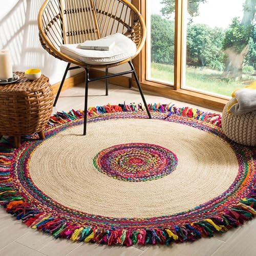 Image of Rounds Jute Carpet - Handwoven Natural Fiber Rug for Living Room, Bedroom, Entryway | Boho Chic Eco-Friendly Area Rug | Rustic Designer Floor Mat:-(Chindi Lehar, 4x4 feet