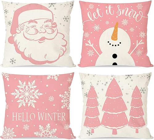 Juego de 4 fundas de almohada de Navidad rosas de 18 x 18 pulgadas, diseño de árbol de Navidad, copo de nieve, muñeco de nieve, decoraciones de