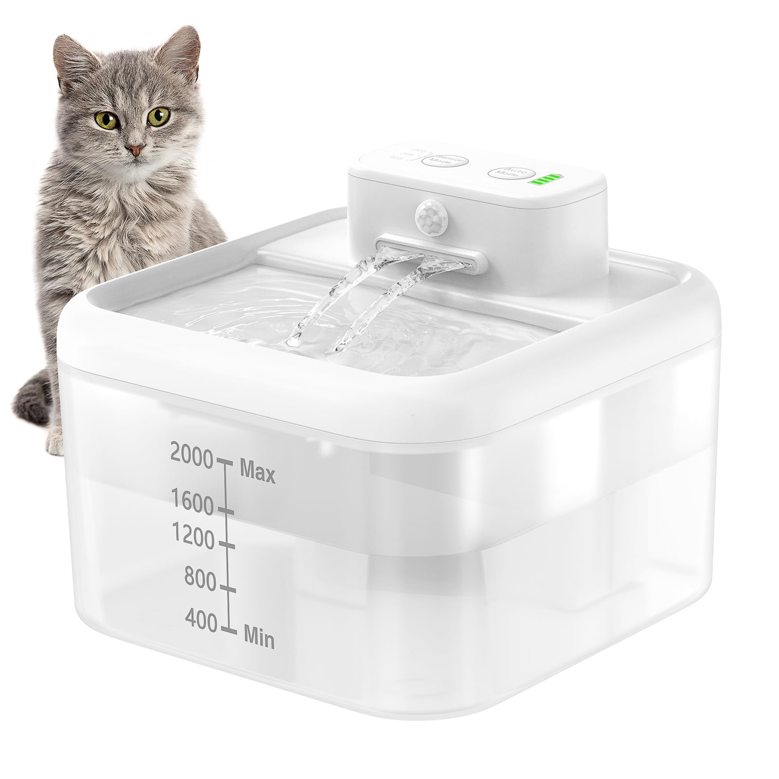 PcEoTllar Fuente para Gatos, 2L Bebedero Gatos Automatico con Sensor de Movimiento, Fuente Gatos sin Cable, Súper Silenciosa Fuente de Agua para Gatos, Recargable Dispensador Agua Gatos, Blanco