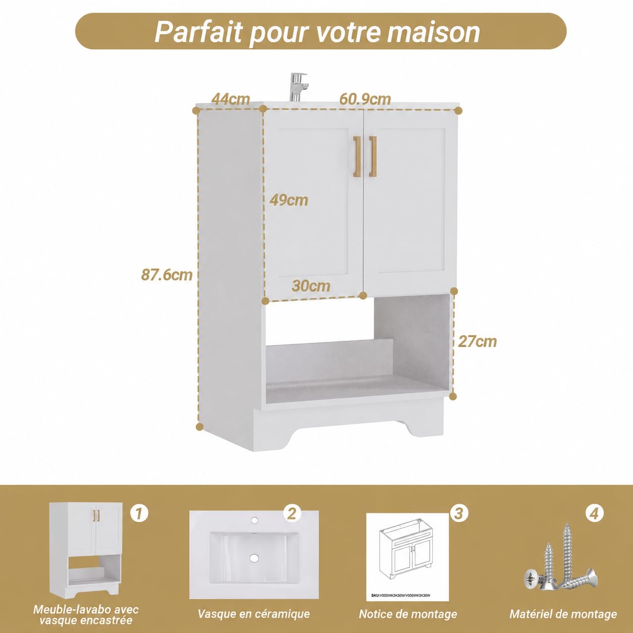 Meuble Vasque Salle De Bain 60cm sur Pied avec Vasque en Céramique, Bois d'Ingénierie, 2 Portes et Étagère Ouverte, Meuble pour Lave-Mains WC, Finition Blanc, Poignées Métal Doré,