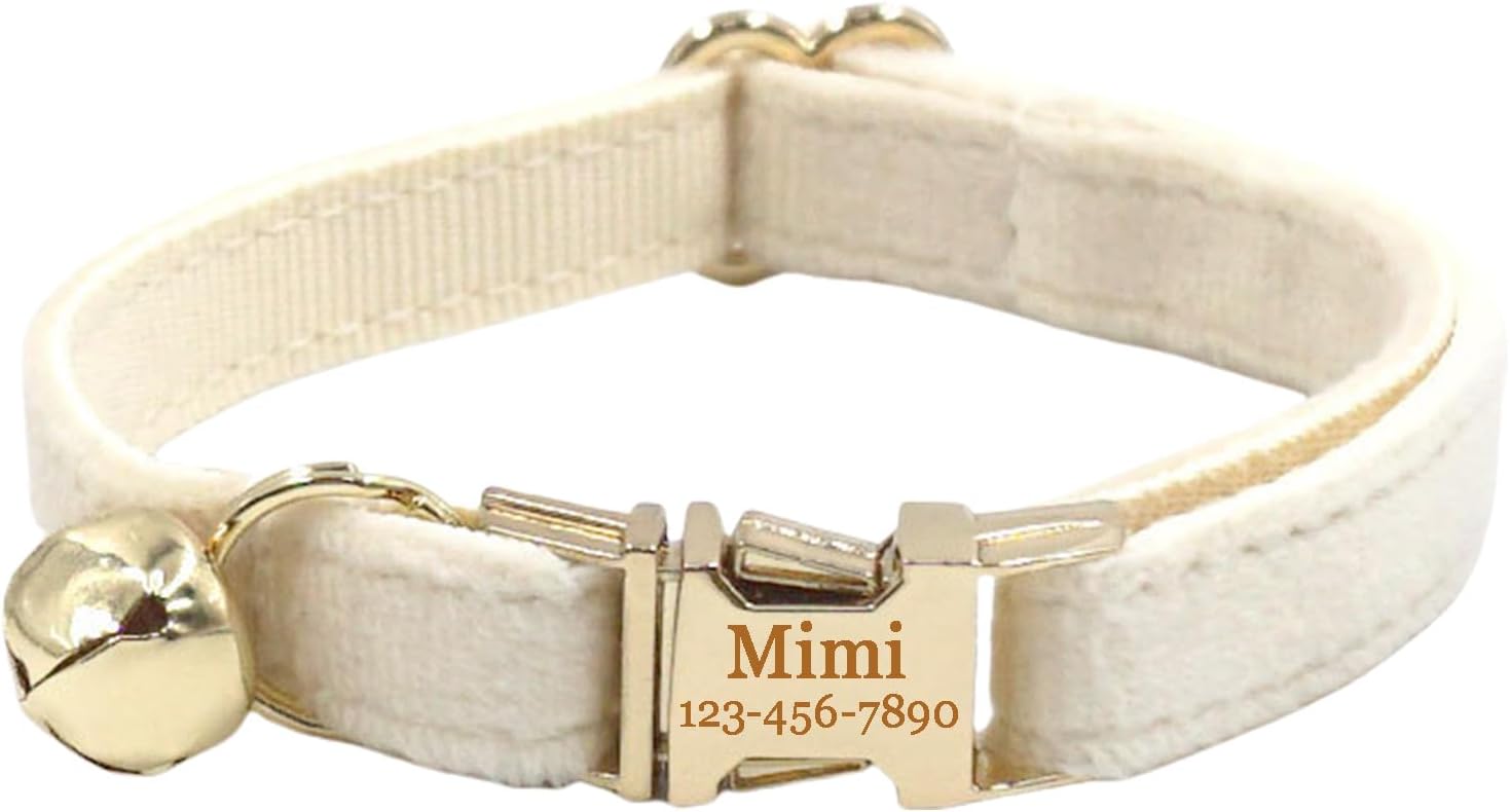 Personalized Cat Collar with Bells,Velvet Customized Small Cat Collar with Name Tag,Pet Collar with Name Phone Number Engraved ID Tags for Boy and Girl Kitten Cats (Cream)