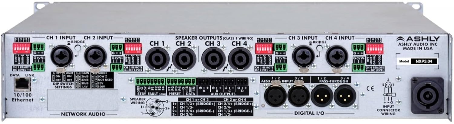 nXp3.04d 4-Channel Networkable+Protea DSP Multi-Mode Power Amplifier with Dante Digital Interface, Real-Time Clock with Event Scheduler, Front Panel Power Switch & Level Controls