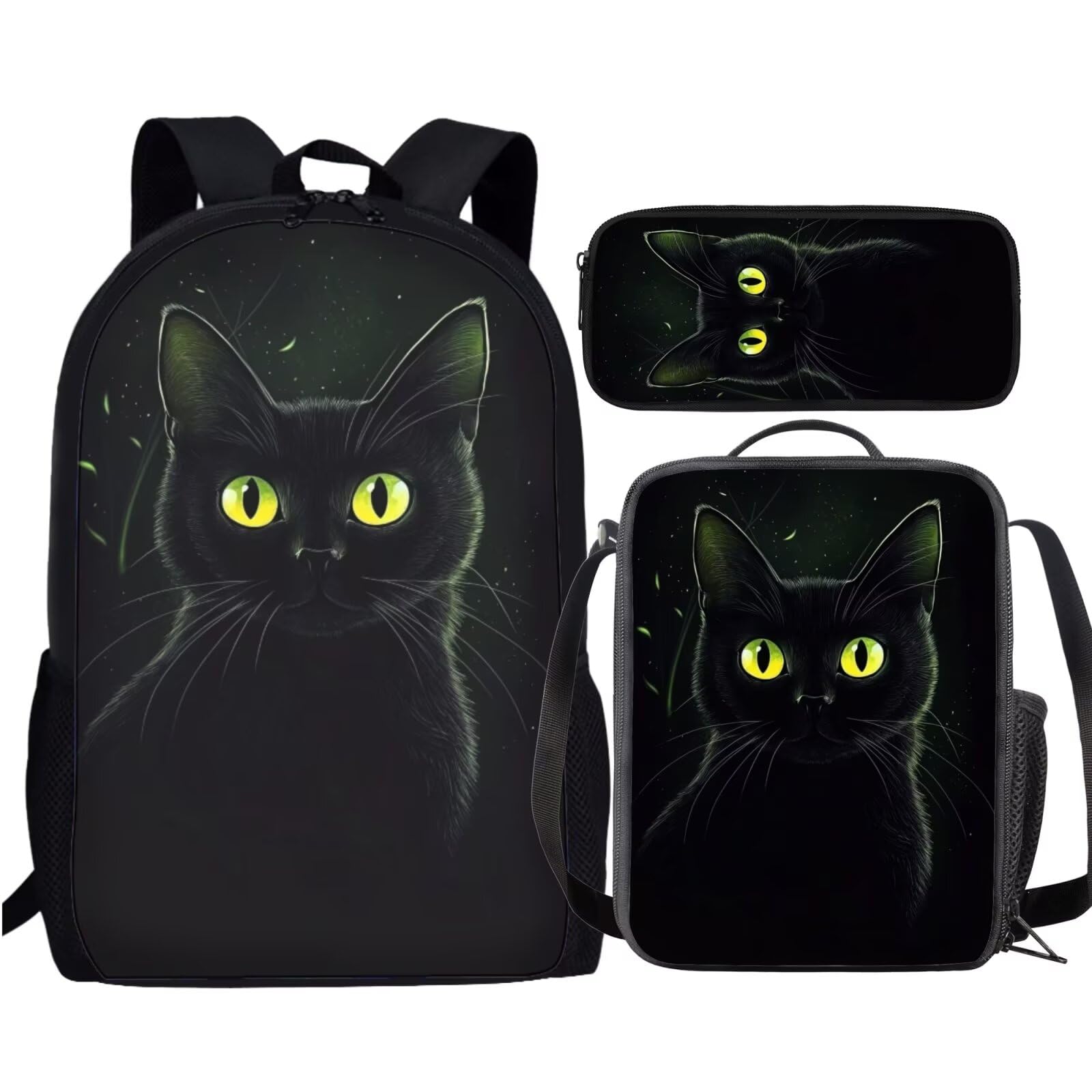 JUDENTIDOS Black Cat School Backpack for Teen Girls Boys Backpacks Kids Cute Bookbag Set with Lunch Box Pencil Case Elementary Middle 3 Pcs Students