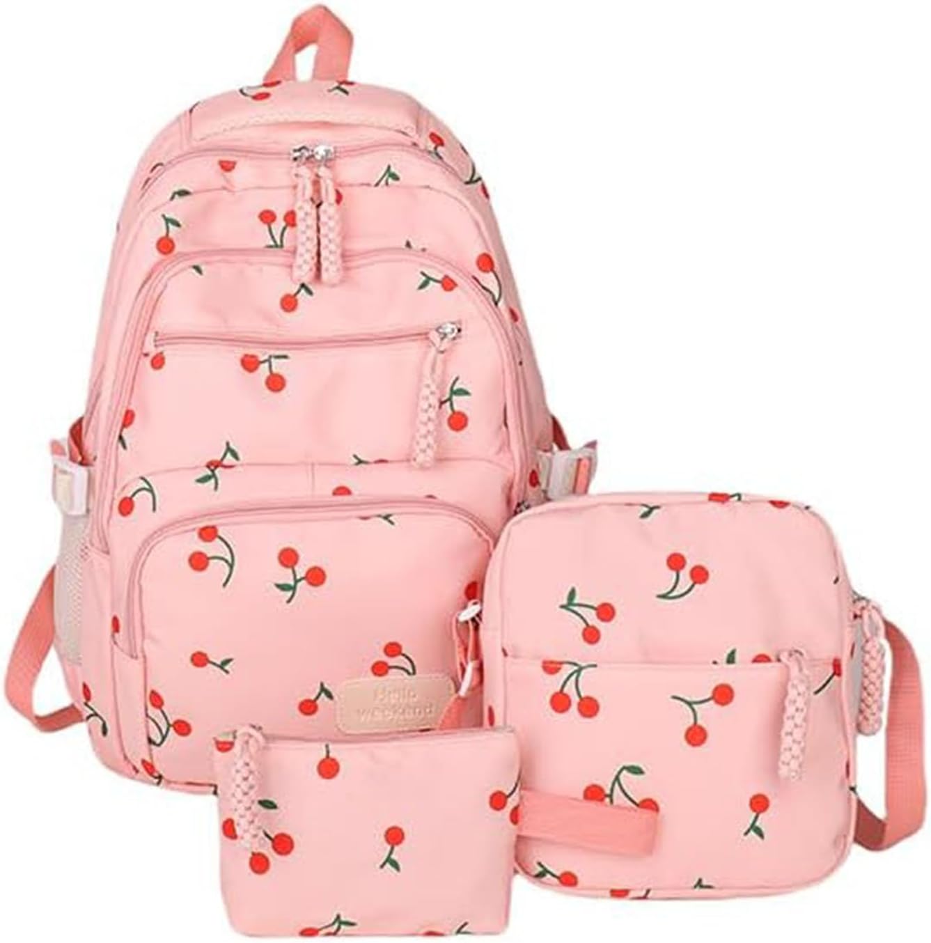 3pc Bow Backpack for Girls,Pink Cute Backpack With Strawberry And Cherry Design,Large Capacity,Lightweight (Cherry-pink)