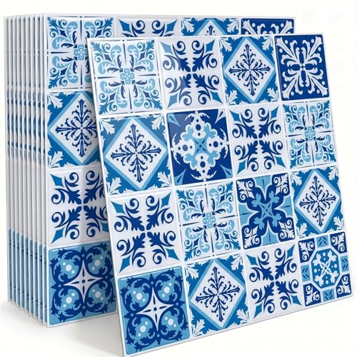 Arttown Peel and Stick Backsplash Subway Tiles, Mediterranean Vintage Cyan Moroccan 3D Self Adhesive Thicker Design Wall Tile Panels for Kitchen Bathroom Balcony (10-Sheet, 12"×12")