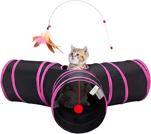 Tempcore - Túnel para gatos con forma de tubo plegable de 3 vías, para interiores, juguete con forma de bola para mirar, para gato, cachorro, Rosa