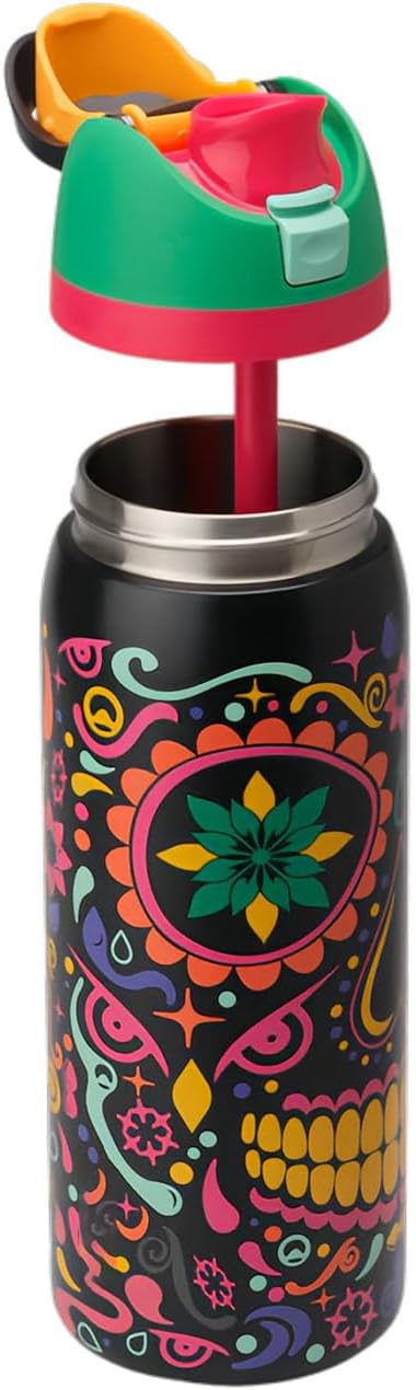32 oz Color Drop Sugar Skull Glow in the Dark Limited Insulated Water Bottle, Straw Cup with Flip Straw Lid, Reusable Sports Water Bottle for Travel, Office Great for Travel