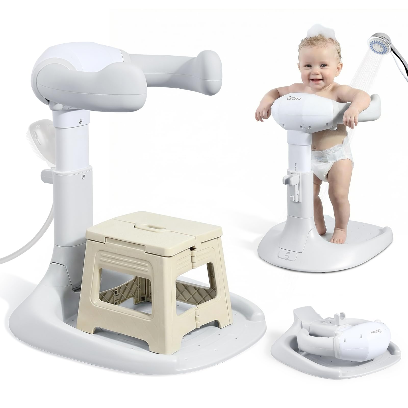 Orzbow Baby Shower Stand Collapsible Baby Bath Stand with Foldable Chair Adjustable Height Toddler Shower Standing Support for