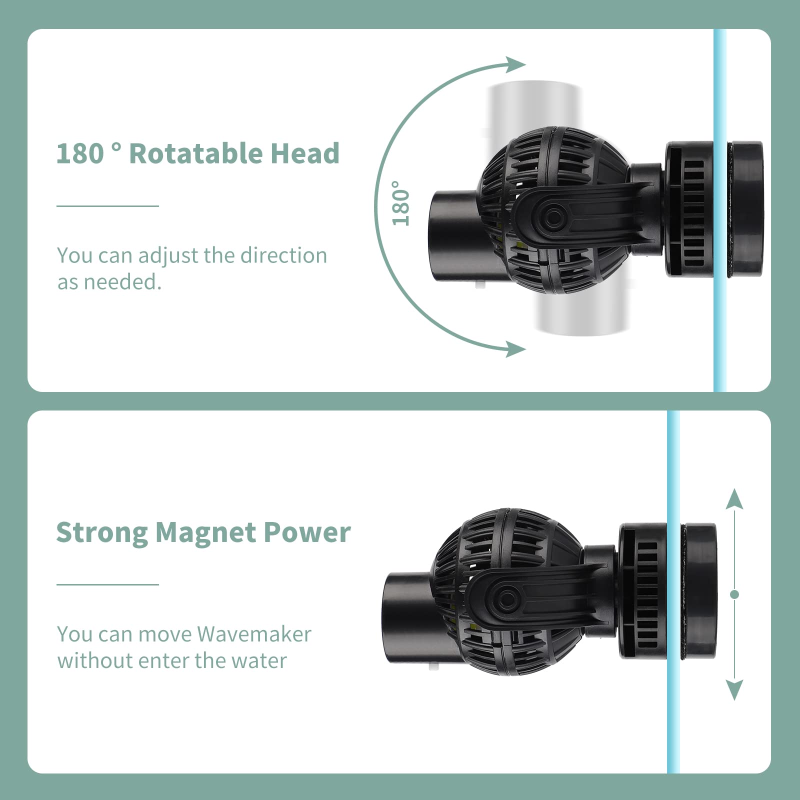 EXLECO Pompe de Brassage Wavemaker 6000L/H 8W 80~100cm Pompe à Onde Pompe de Mouvement 360 ° Rotative pour Aquariums à Vagues Eau Douce et Salée avec Magnet Noir