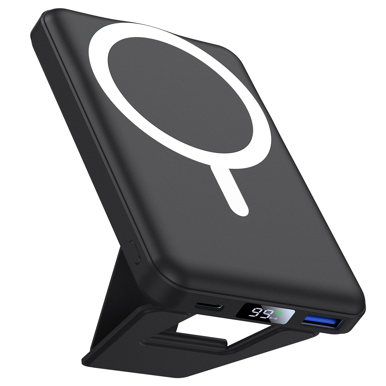 AOGUERBE Kabellose Powerbank, 10,000mAh Faltbarer Magnetische Power Bank PD 22,5W Schnellladen mit LED Display, Kompatibel mit MagSafe für iPhone 17/16/15/14/13/12/Pro/Pro Max Serie. (Schwarz)