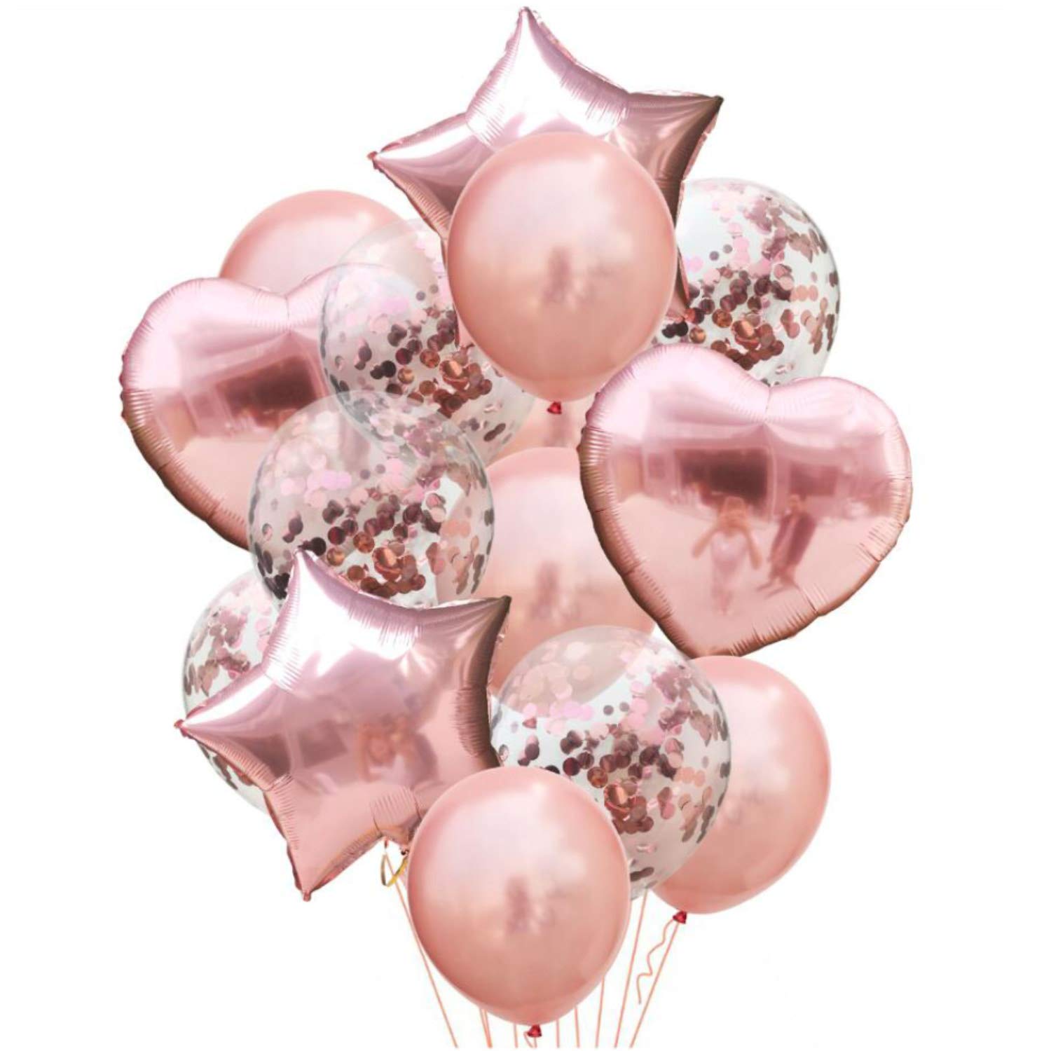 Oblique-Unique® 14 Decorative Balloons Confetti Foil Balloon Set with Hearts Stars for Birthday Celebration Anniversary Wedding JGA Party Rose Gold Champagne